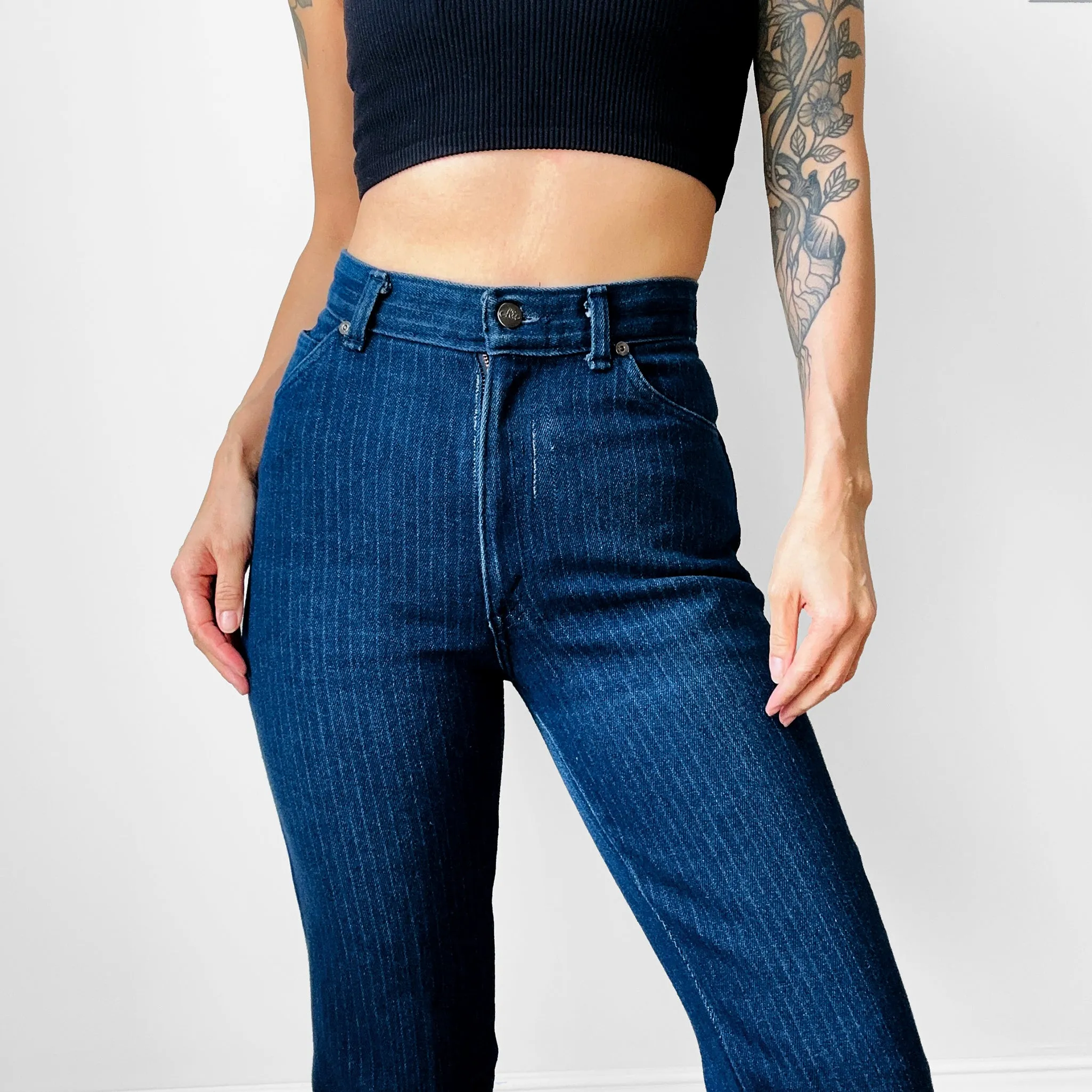 1970s Dark Wash CHIC Brand Pinstripe High-Waisted Jeans - Waist 26