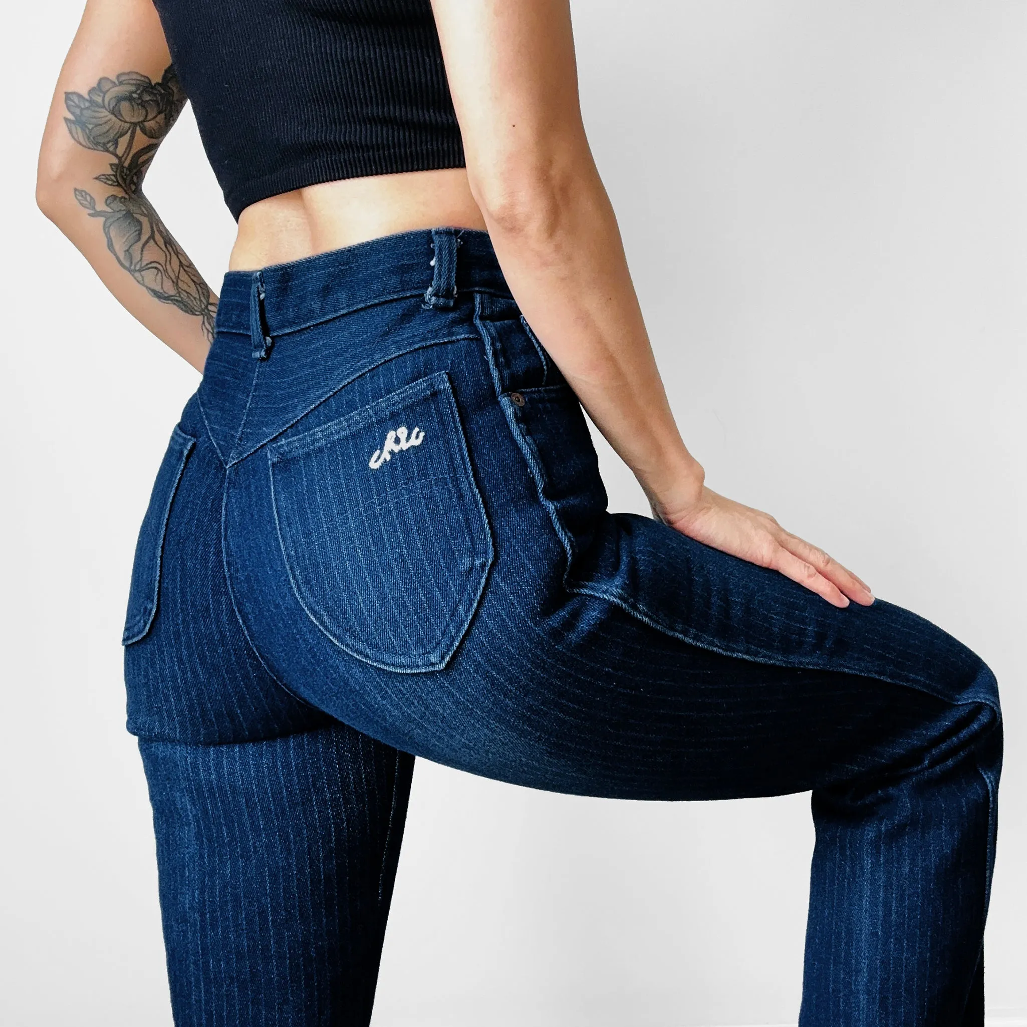 1970s Dark Wash CHIC Brand Pinstripe High-Waisted Jeans - Waist 26
