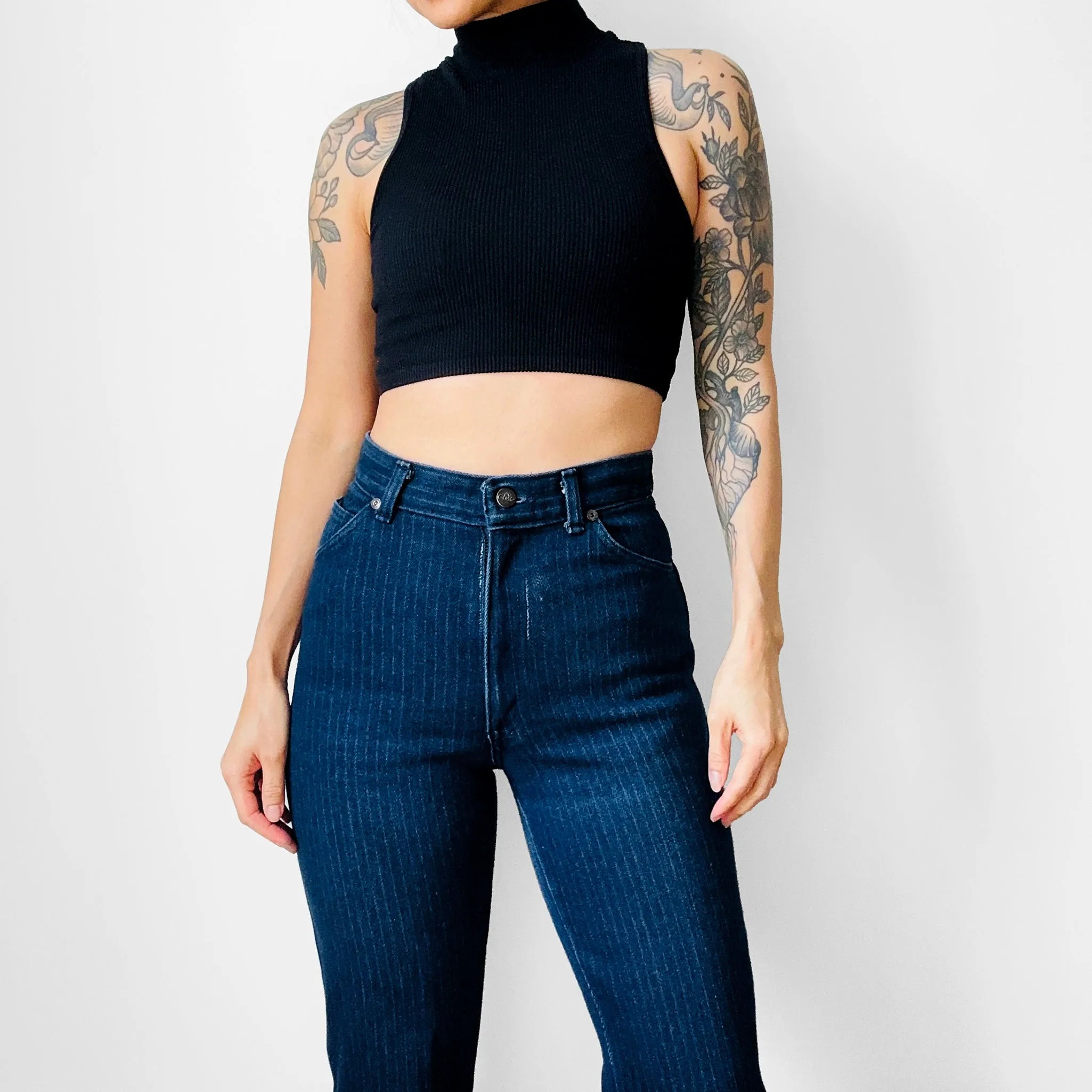 1970s Dark Wash CHIC Brand Pinstripe High-Waisted Jeans - Waist 26