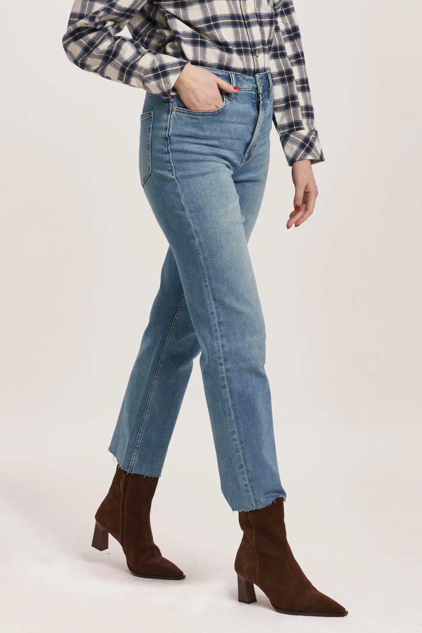 90S STRAIGHT FIT HIGH RISE FRAY HEM JEANS ARTIC DENIM