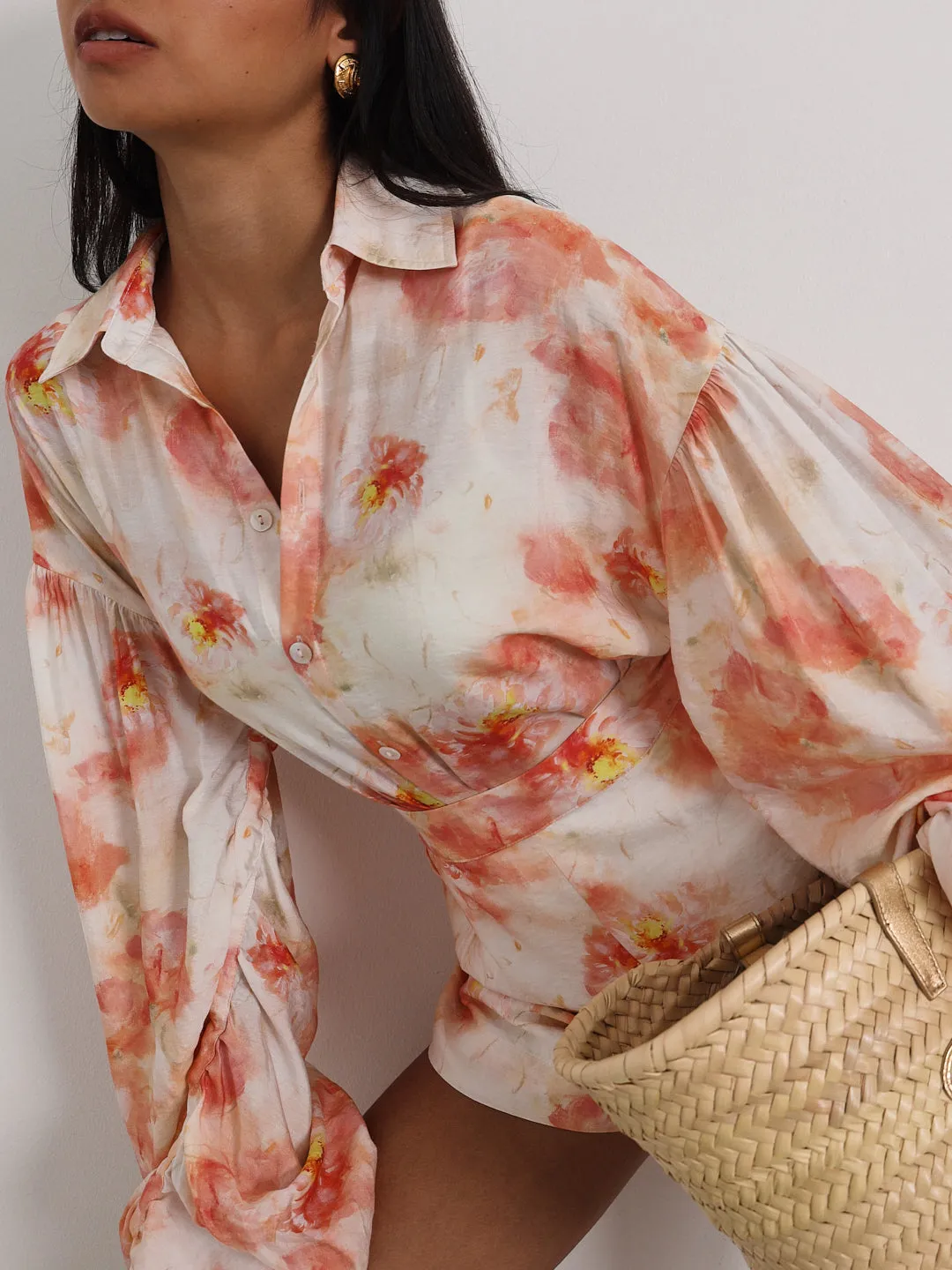 Arabella Volume Sleeve Floral Shirt | Pink Mix