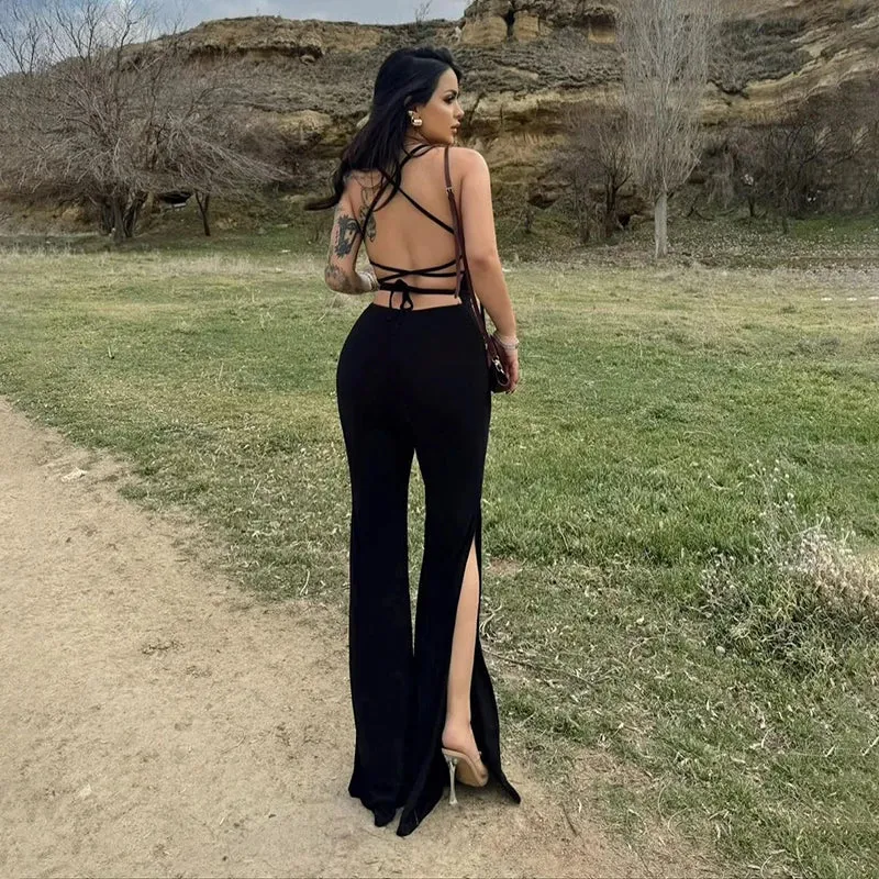 Backless Cocktail Jumpsuit with Thigh Slits