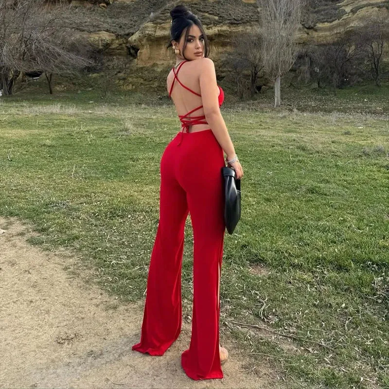 Backless Cocktail Jumpsuit with Thigh Slits