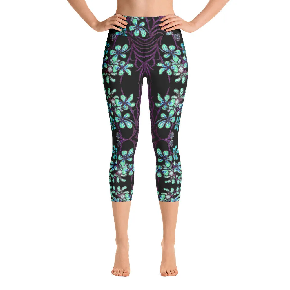 Blue Orchids Yoga Capri Leggings, Floral Print Capris Active Tights Leggings-Made in USA/EU
