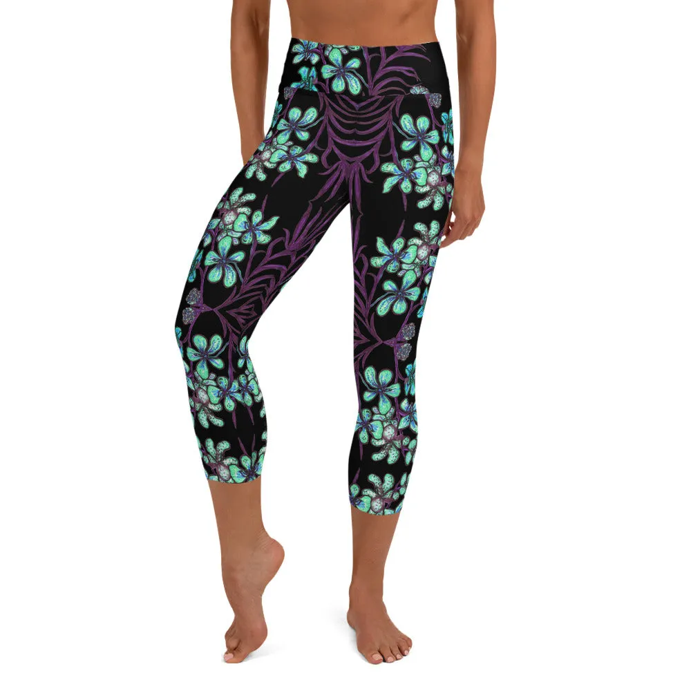 Blue Orchids Yoga Capri Leggings, Floral Print Capris Active Tights Leggings-Made in USA/EU