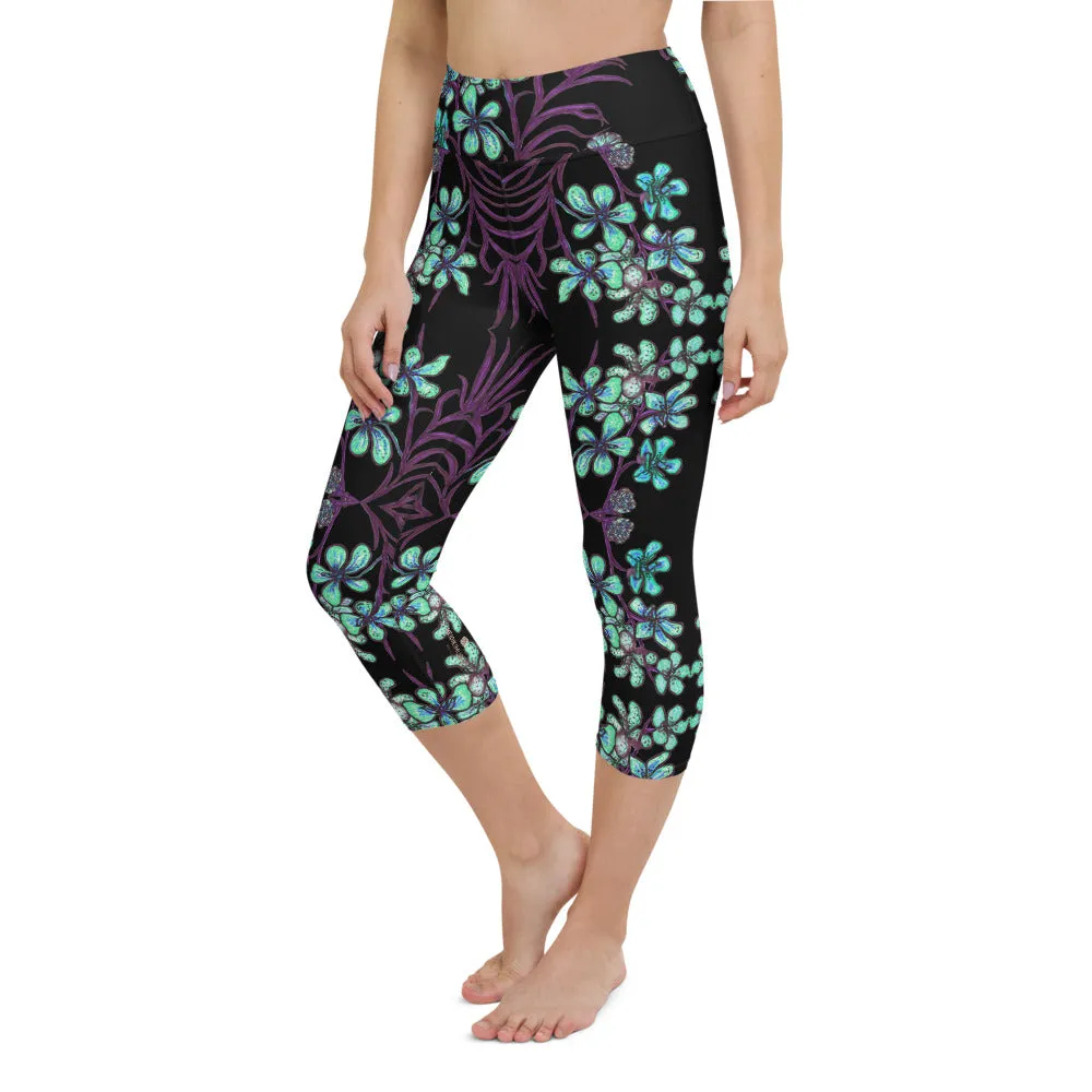 Blue Orchids Yoga Capri Leggings, Floral Print Capris Active Tights Leggings-Made in USA/EU