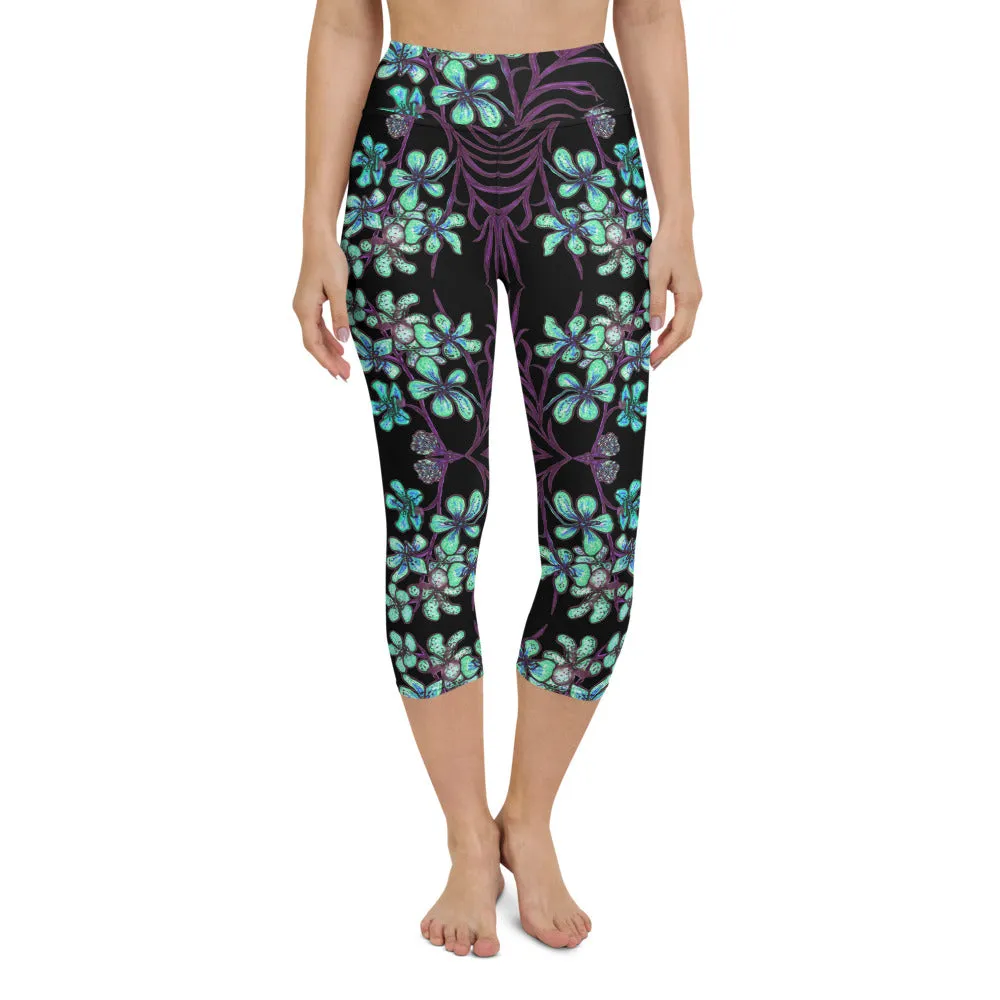 Blue Orchids Yoga Capri Leggings, Floral Print Capris Active Tights Leggings-Made in USA/EU