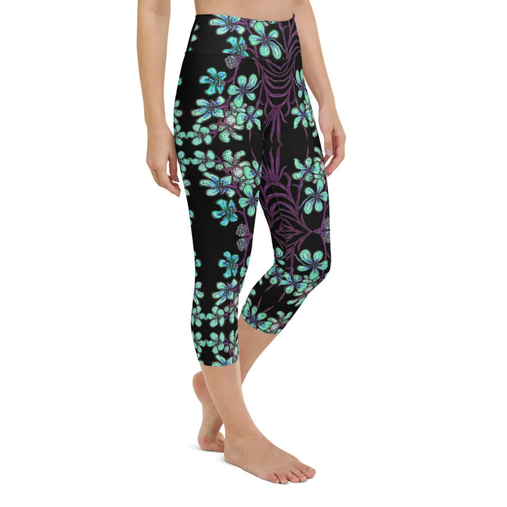 Blue Orchids Yoga Capri Leggings, Floral Print Capris Active Tights Leggings-Made in USA/EU