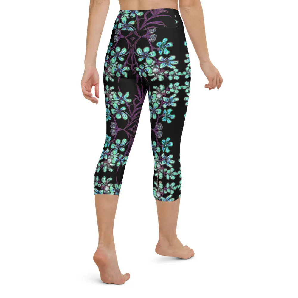 Blue Orchids Yoga Capri Leggings, Floral Print Capris Active Tights Leggings-Made in USA/EU