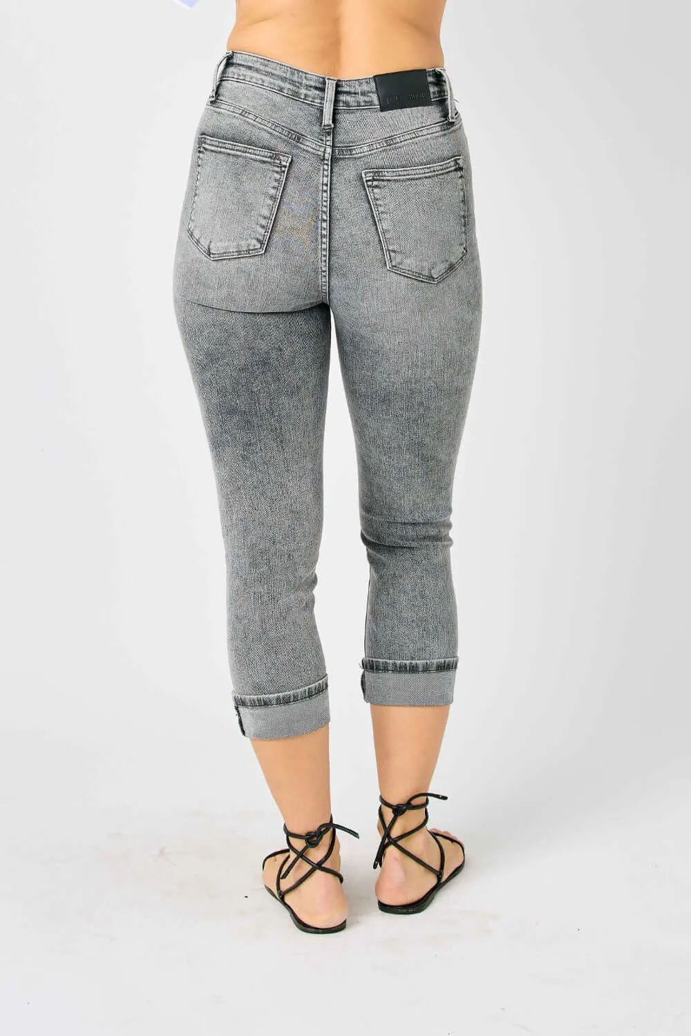 Button Fly High Waist Cuffed Capris