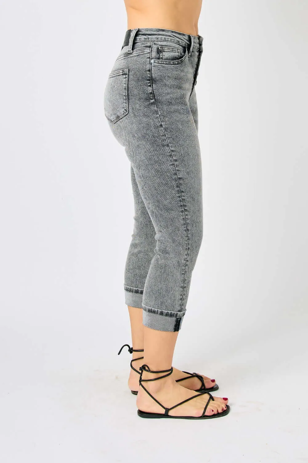 Button Fly High Waist Cuffed Capris