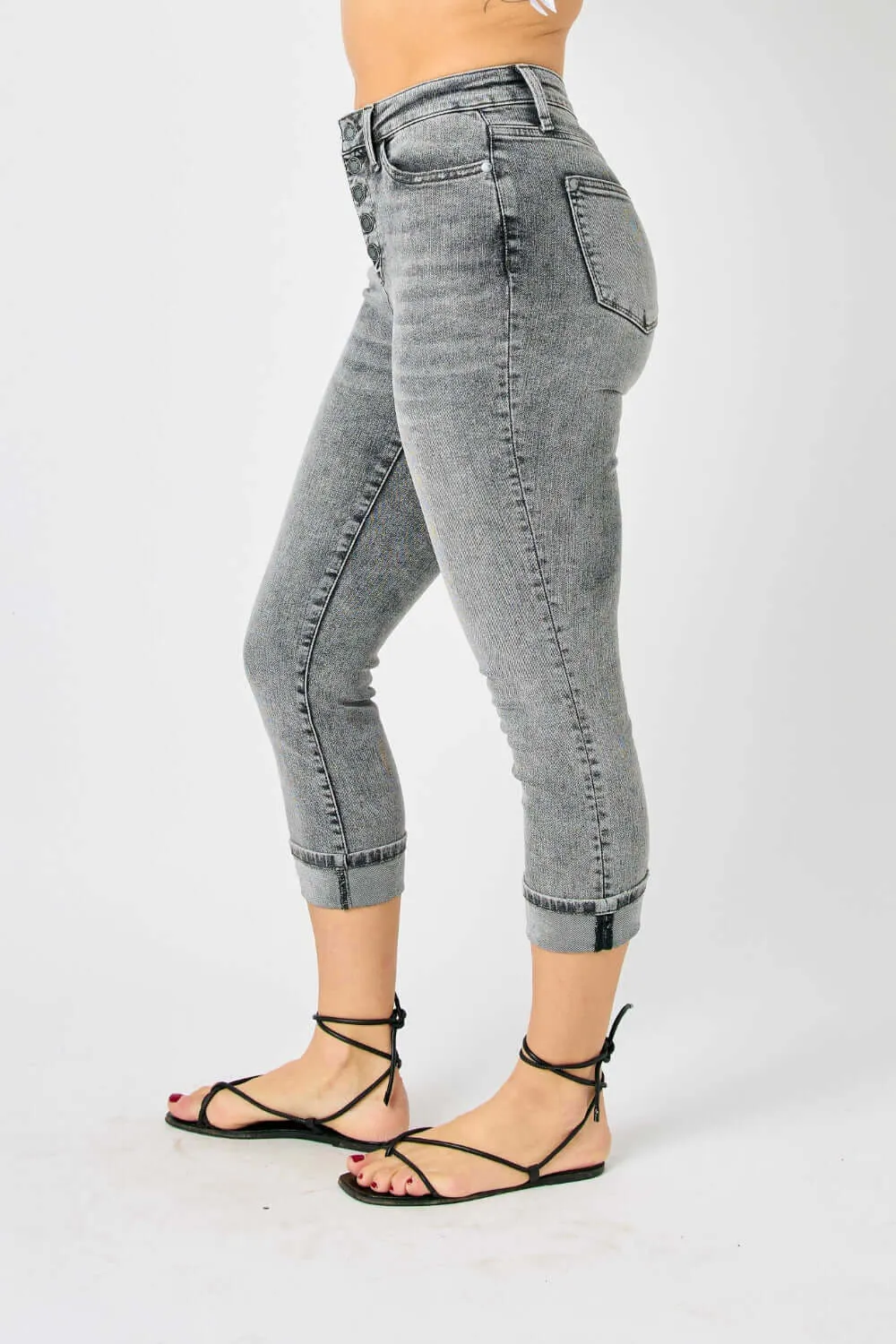 Button Fly High Waist Cuffed Capris