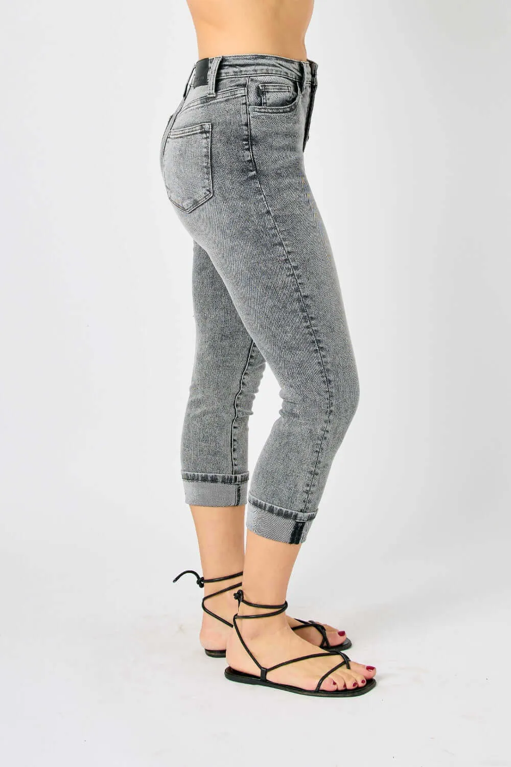 Button Fly High Waist Cuffed Capris
