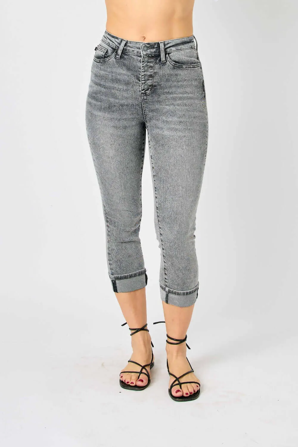 Button Fly High Waist Cuffed Capris