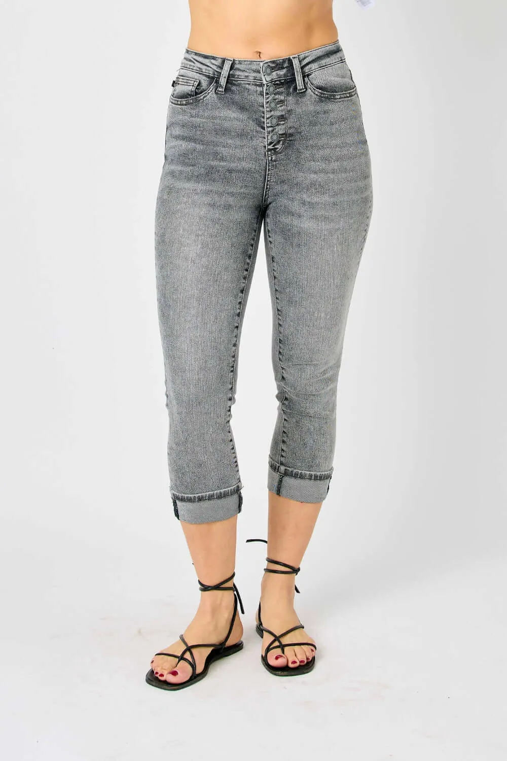 Button Fly High Waist Cuffed Capris