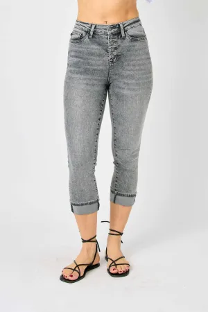 Button Fly High Waist Cuffed Capris