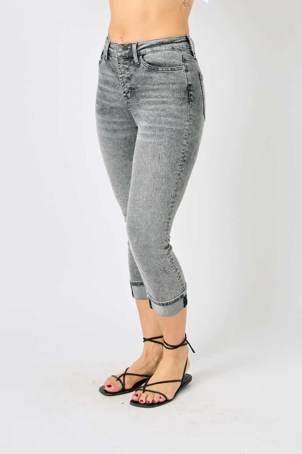 Button Fly High Waist Cuffed Capris