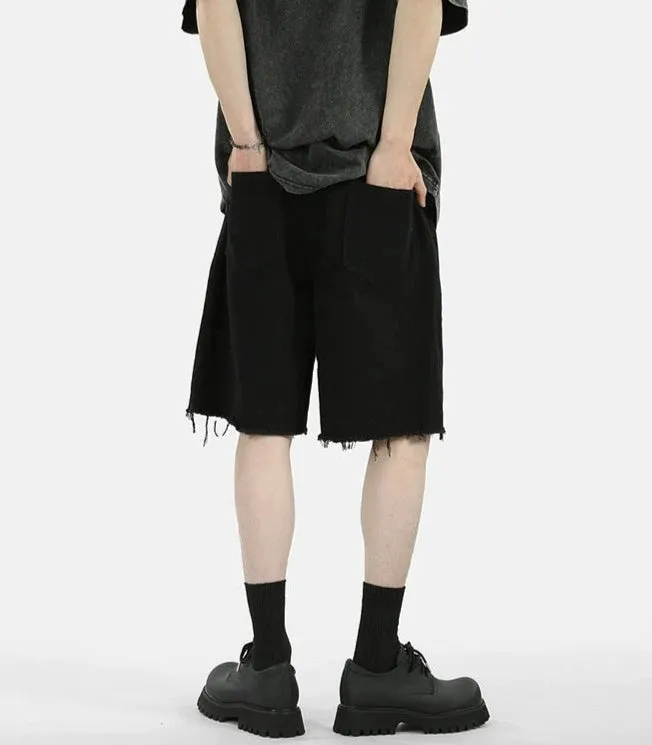 Distressed Denim Bermuda Shorts with Raw Hem