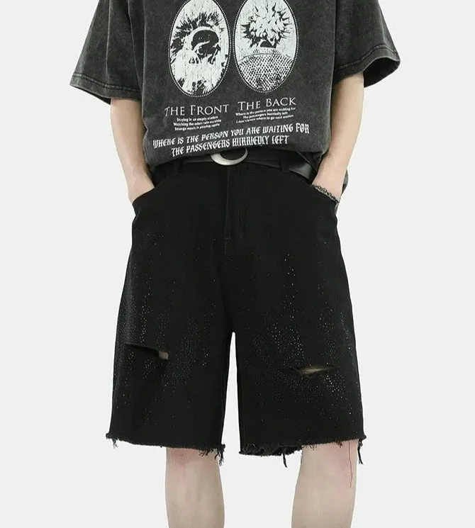 Distressed Denim Bermuda Shorts with Raw Hem