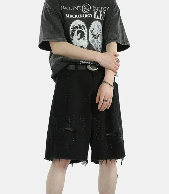 Distressed Denim Bermuda Shorts with Raw Hem