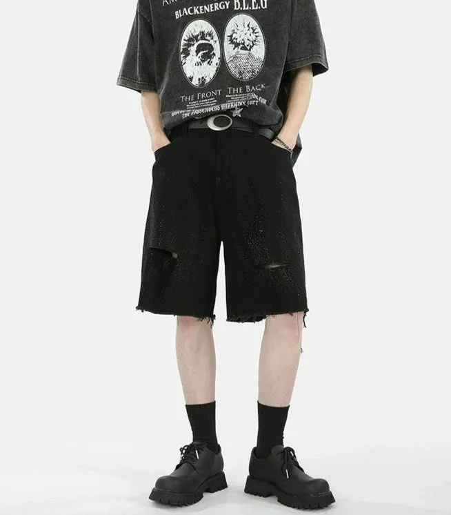 Distressed Denim Bermuda Shorts with Raw Hem