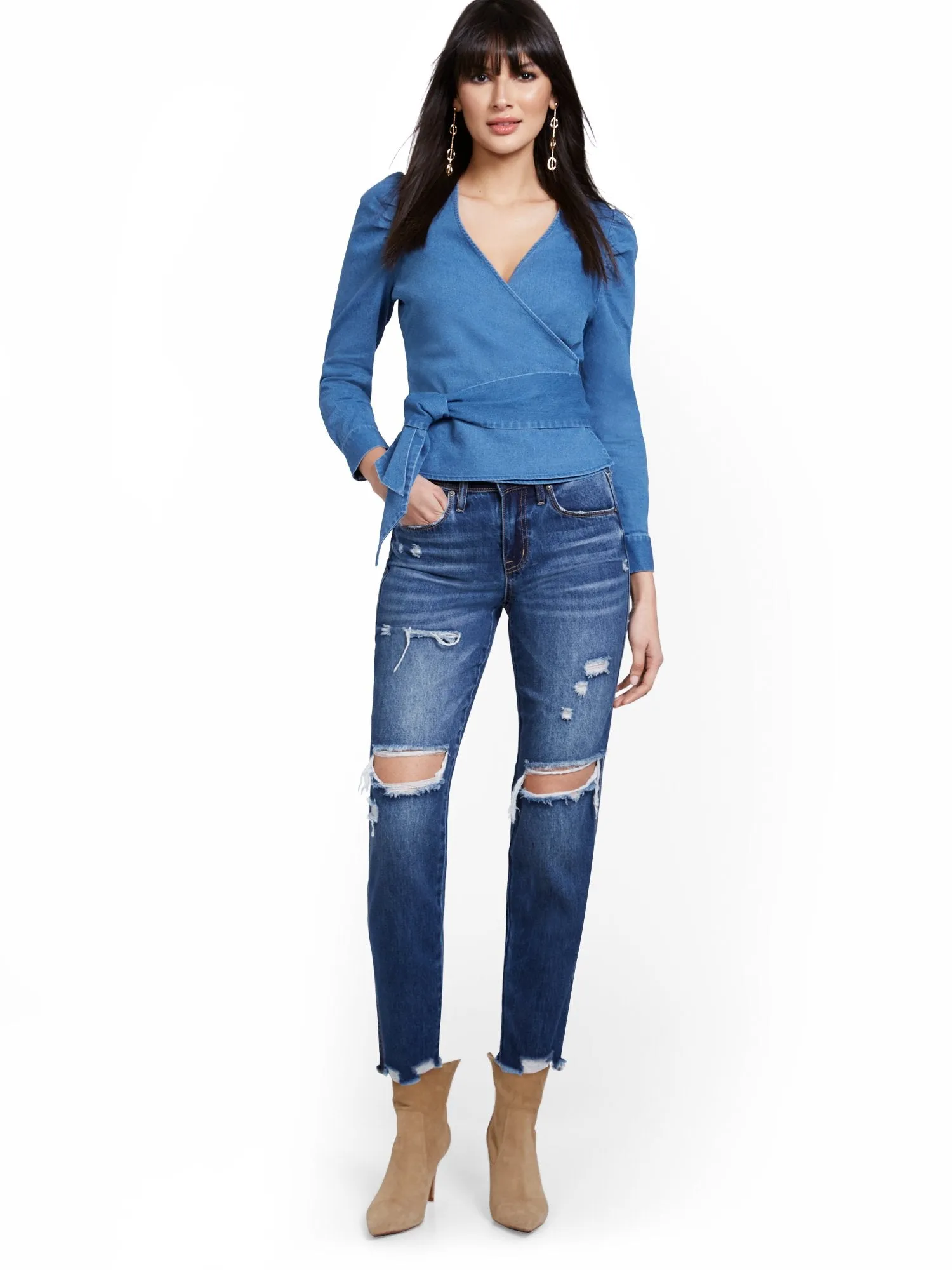 High-Waisted Distressed Dream Boyfriend Ankle Jeans - Dark Wash