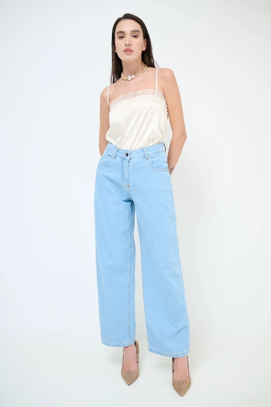 High-waisted wide leg denim jeans wholesale