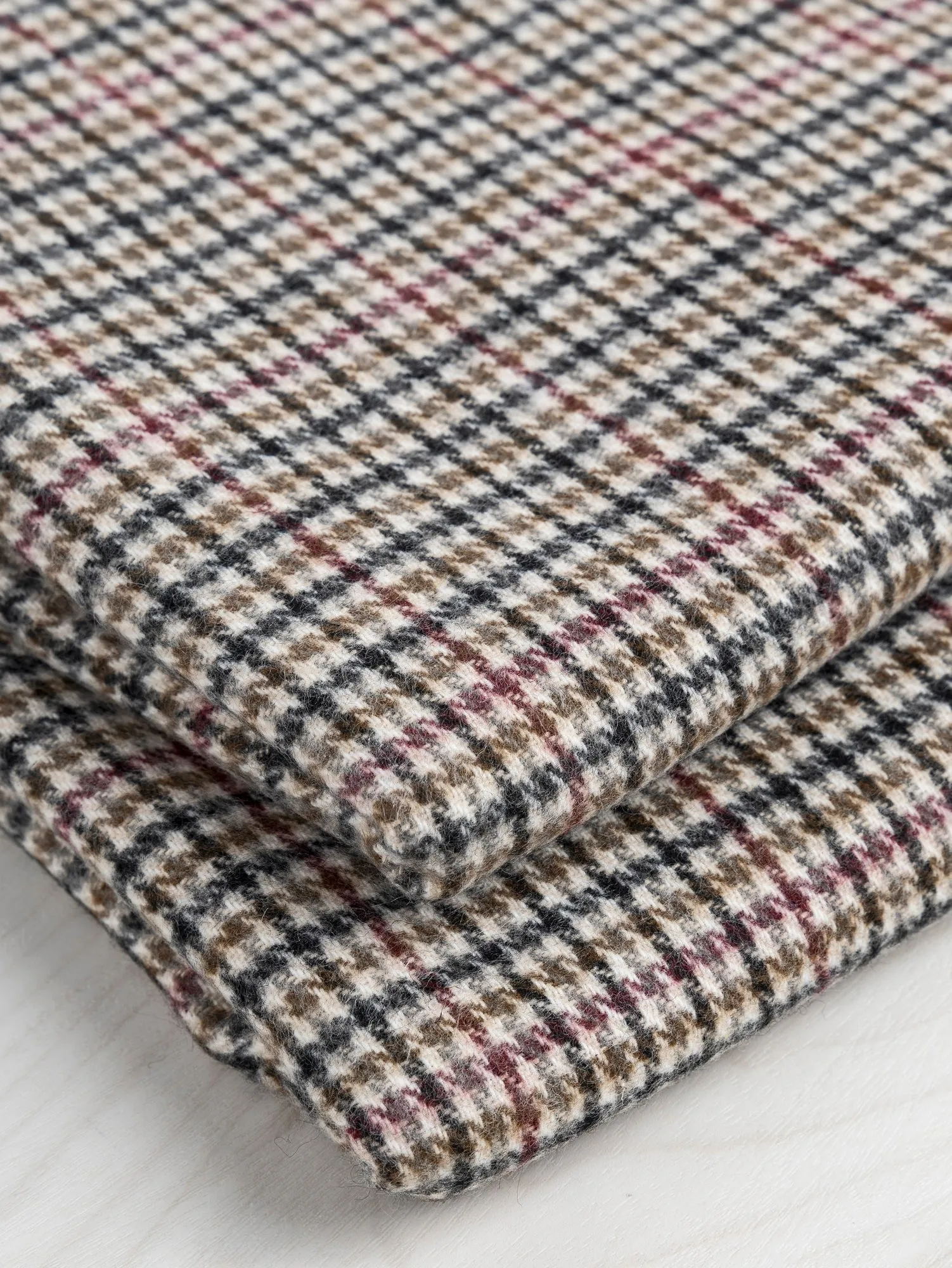 Houndstooth Wool Blend Heavy Suiting Deadstock - Cream   Black   Ochre   Bordeaux