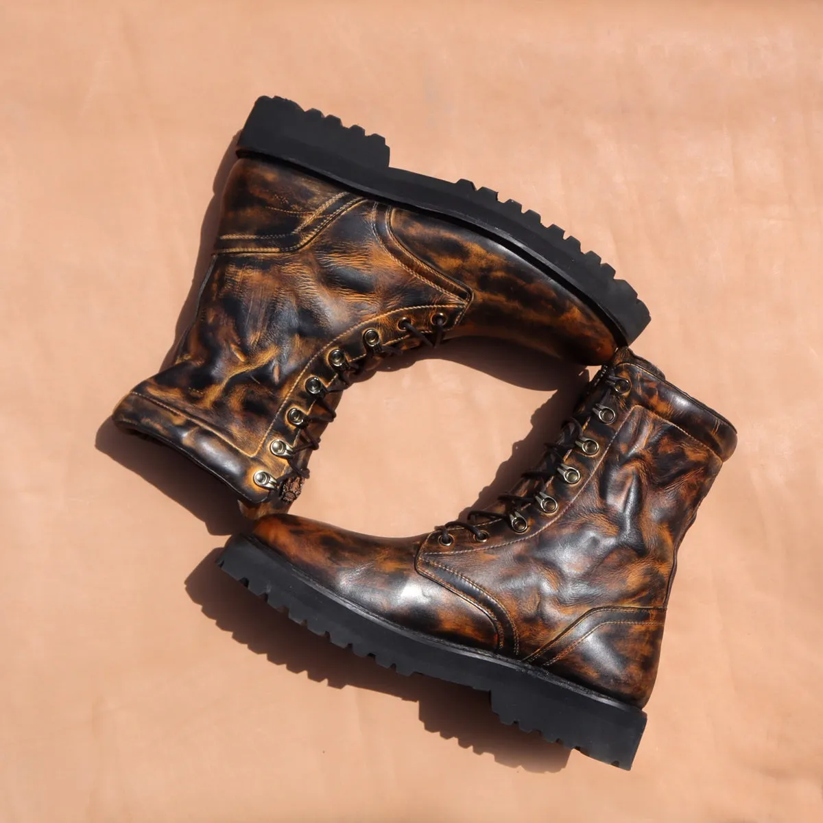 Inverted Patina Finish Boots High Ankle Textured Dark Brown Leather Light Weight  By Brune & Bareskin
