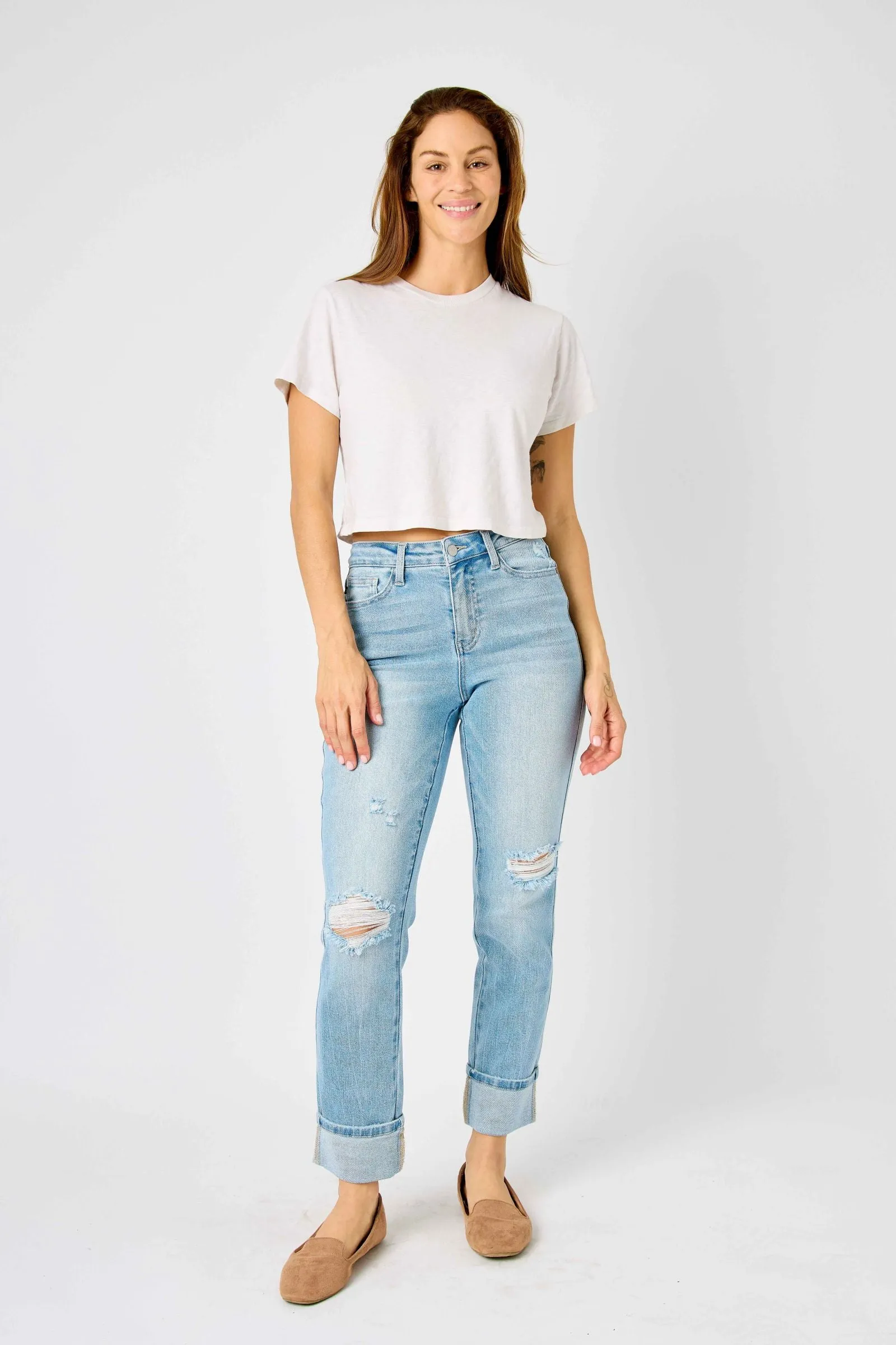 Judy Blue Mid Rise Flag Cuff Boyfriend Denim 88723