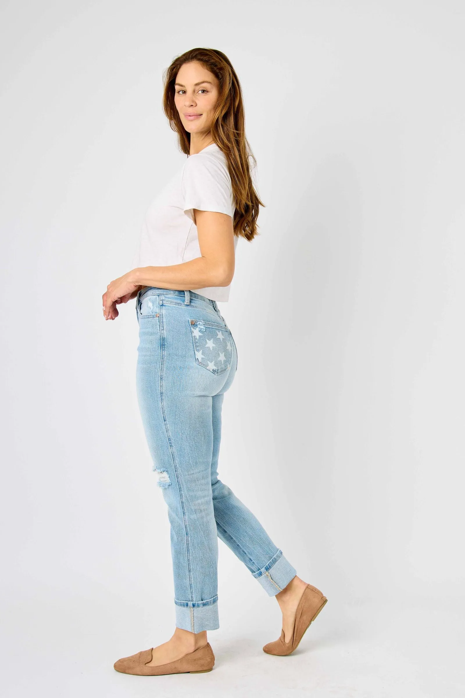 Judy Blue Mid Rise Flag Cuff Boyfriend Denim 88723