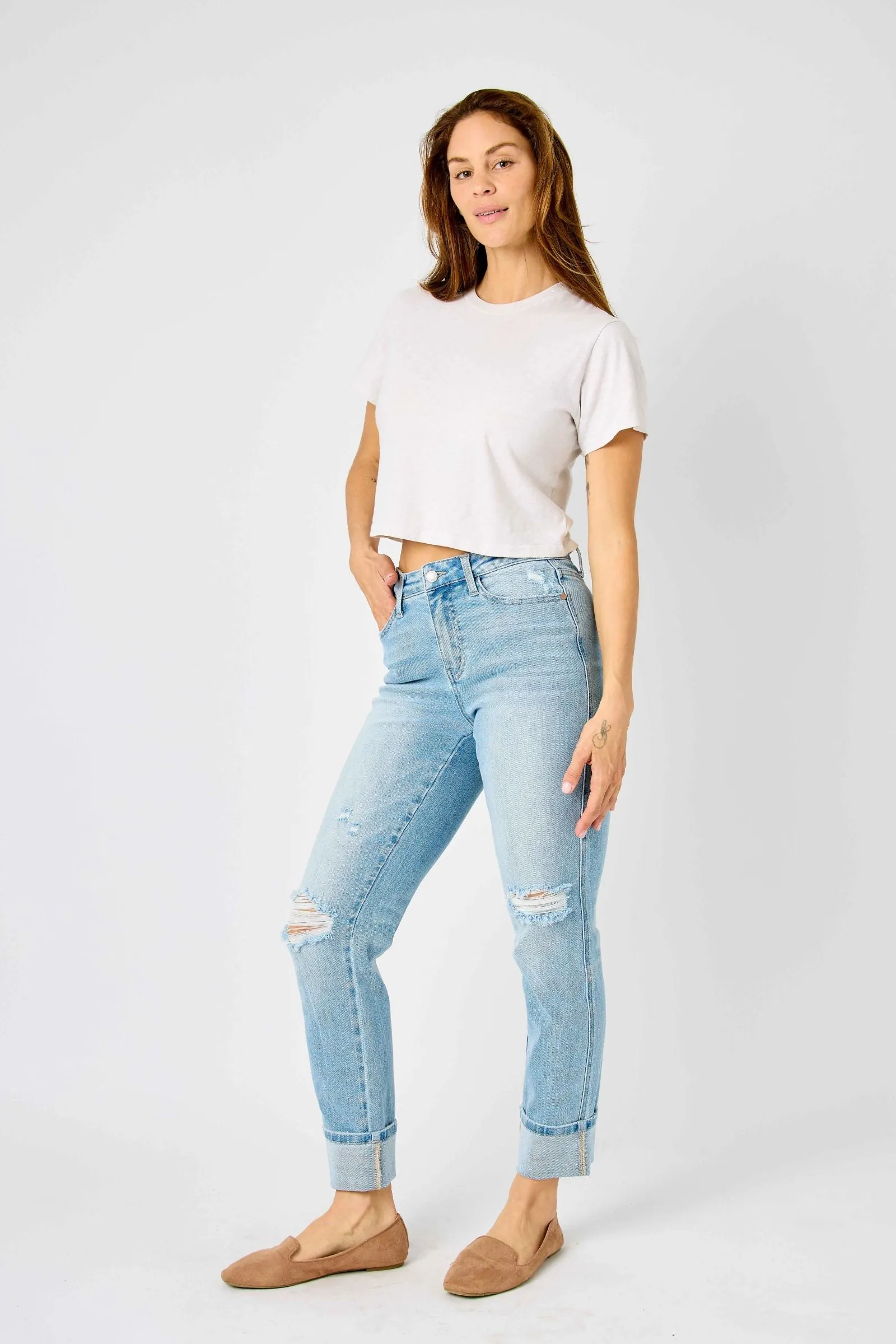 Judy Blue Mid Rise Flag Cuff Boyfriend Denim 88723