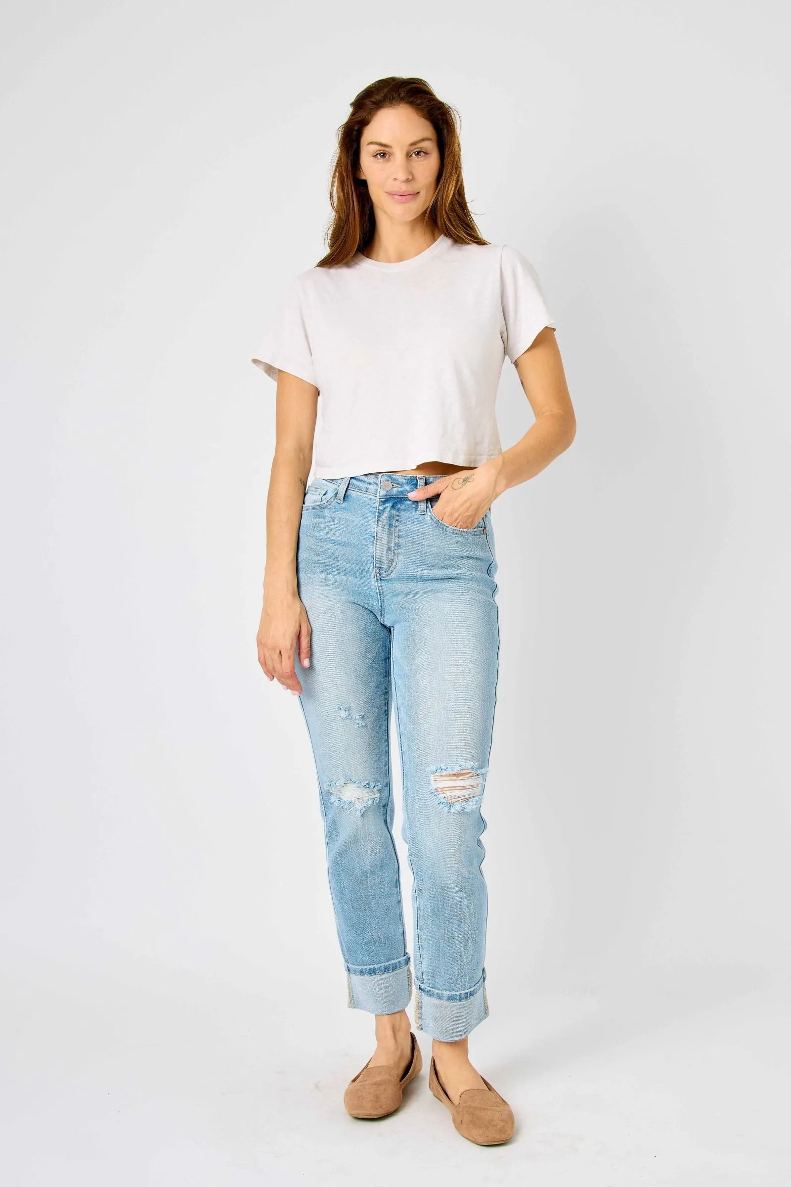 Judy Blue Mid Rise Flag Cuff Boyfriend Denim 88723