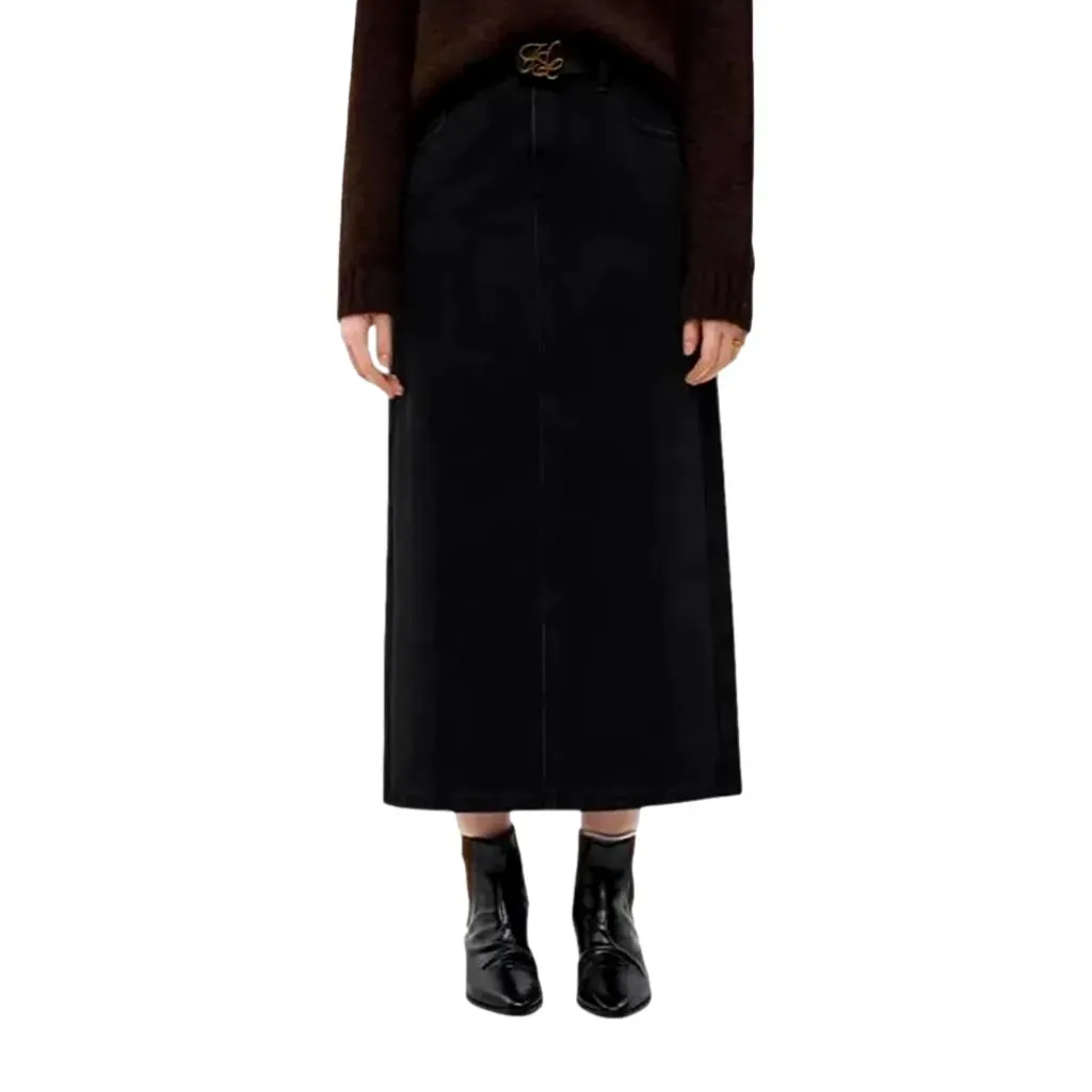 Maxi length high waist jeans skirt