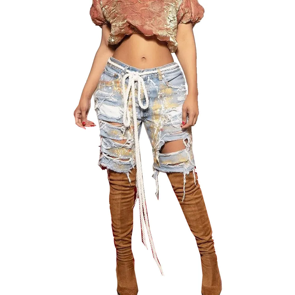 MB FASHION Distressed High-Waisted Denim Shorts with Paint Splatter 1106LY