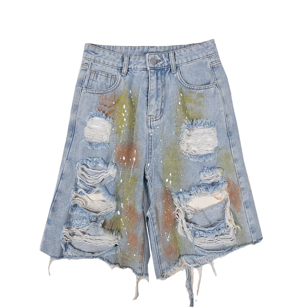 MB FASHION Distressed High-Waisted Denim Shorts with Paint Splatter 1106LY