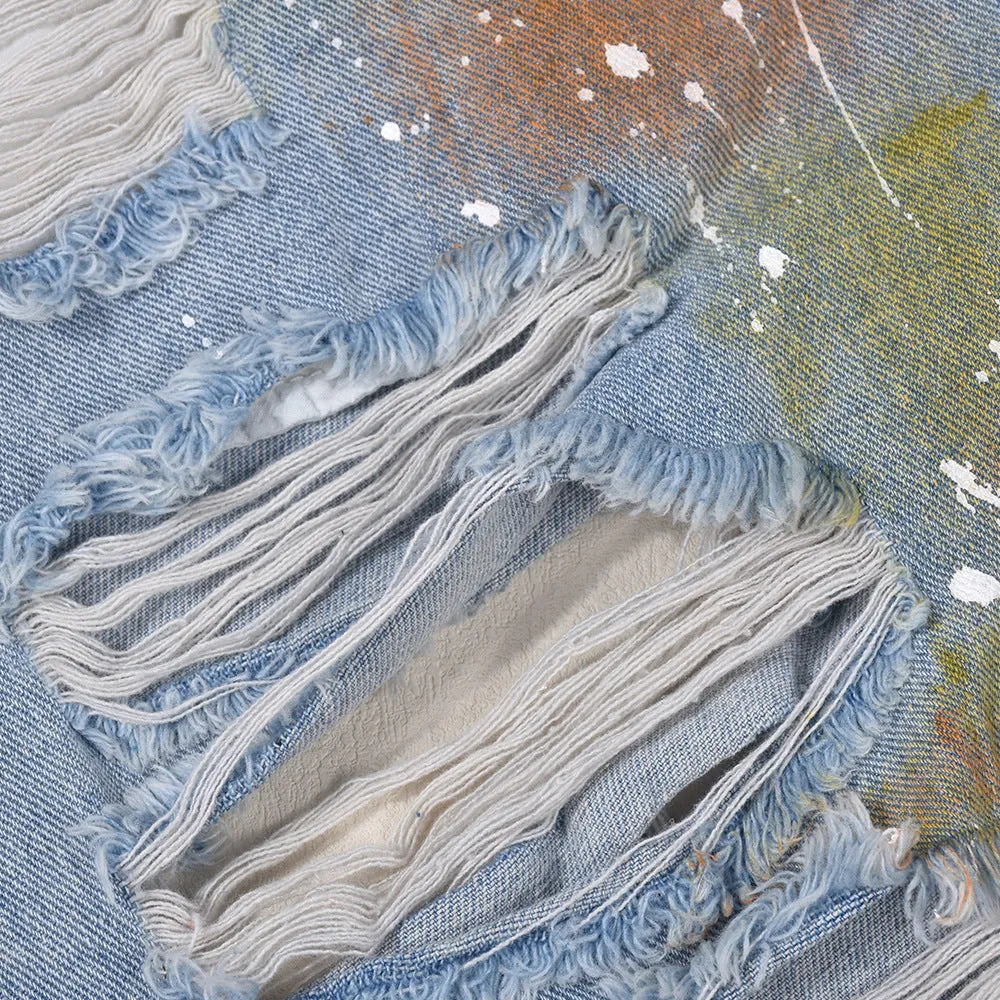 MB FASHION Distressed High-Waisted Denim Shorts with Paint Splatter 1106LY