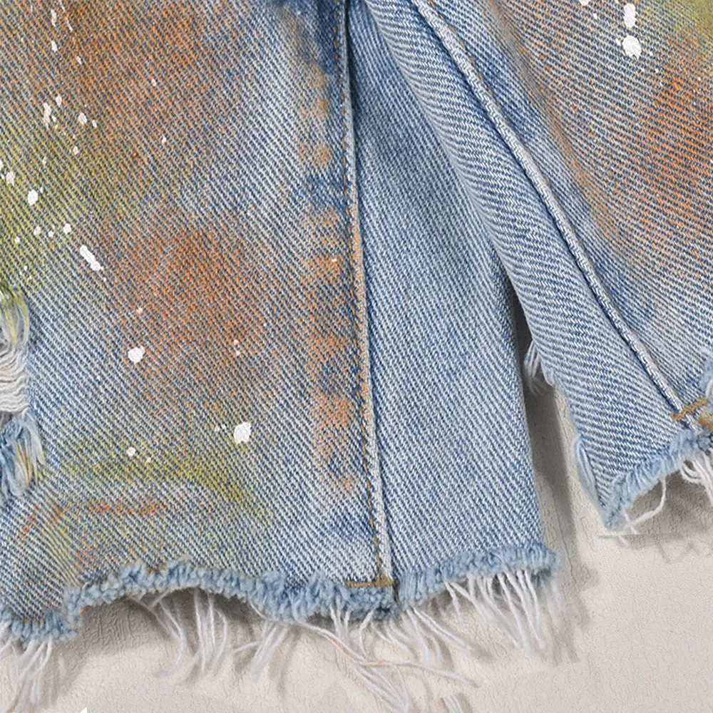 MB FASHION Distressed High-Waisted Denim Shorts with Paint Splatter 1106LY