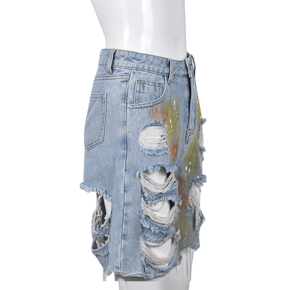 MB FASHION Distressed High-Waisted Denim Shorts with Paint Splatter 1106LY