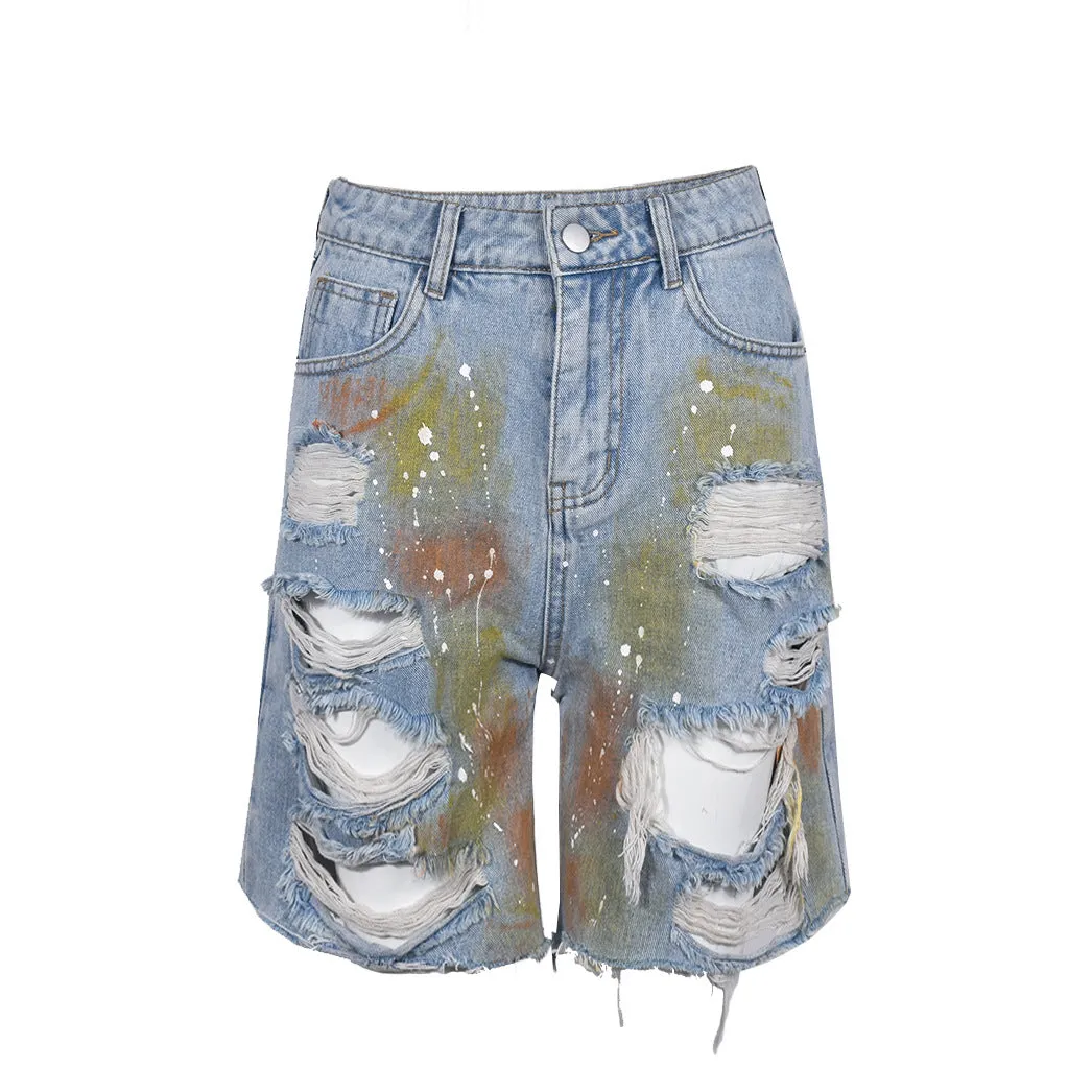 MB FASHION Distressed High-Waisted Denim Shorts with Paint Splatter 1106LY