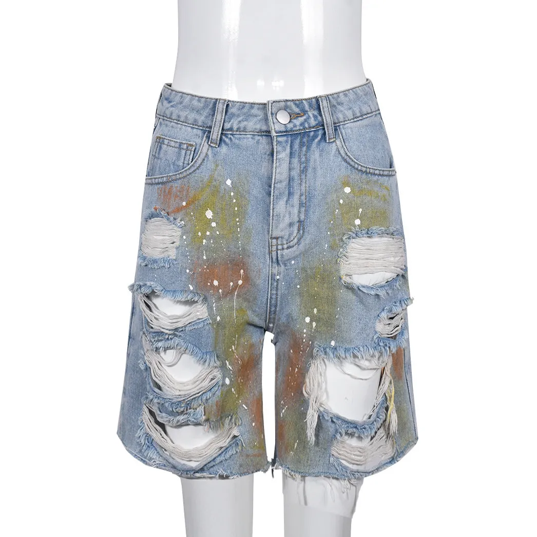 MB FASHION Distressed High-Waisted Denim Shorts with Paint Splatter 1106LY