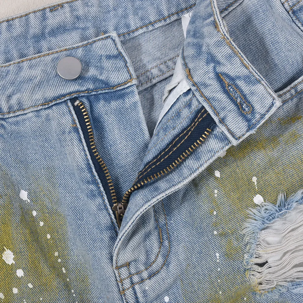 MB FASHION Distressed High-Waisted Denim Shorts with Paint Splatter 1106LY