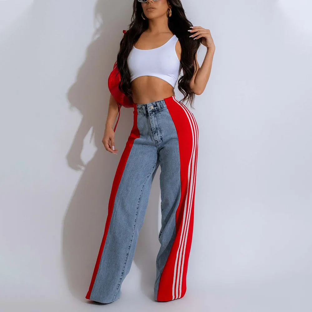 MB FASHION High-Waisted Wide-Leg Jeans with Contrast Panels & Stripes 0668LY