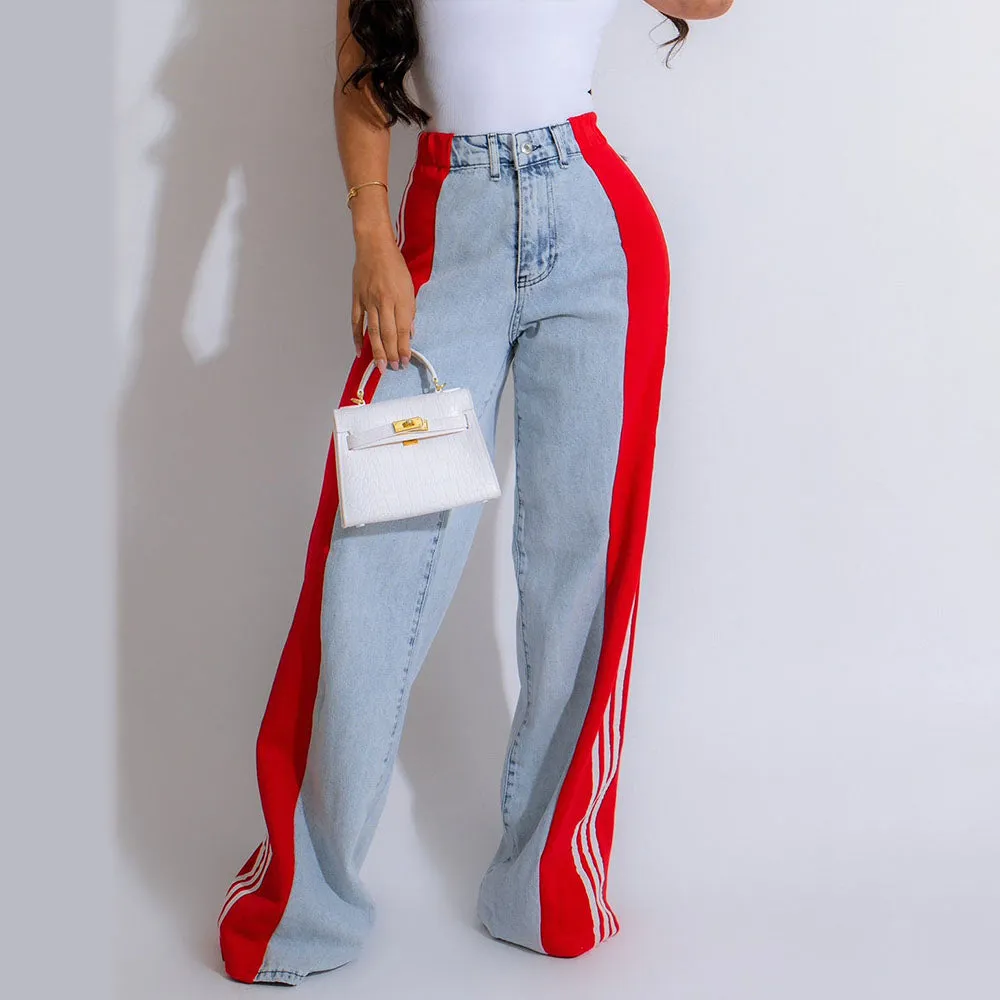 MB FASHION High-Waisted Wide-Leg Jeans with Contrast Panels & Stripes 0668LY
