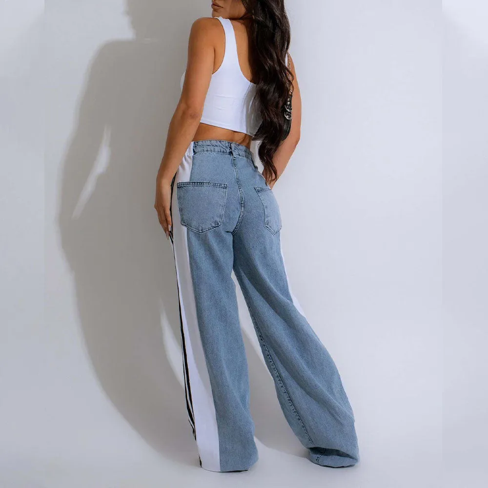 MB FASHION High-Waisted Wide-Leg Jeans with Contrast Panels & Stripes 0668LY