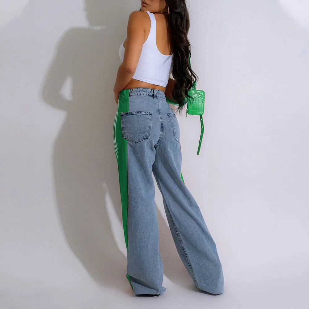 MB FASHION High-Waisted Wide-Leg Jeans with Contrast Panels & Stripes 0668LY