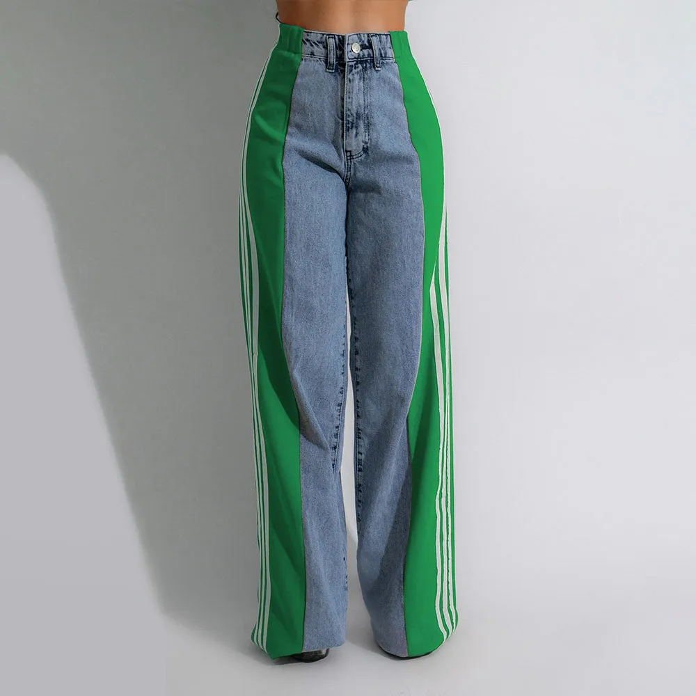 MB FASHION High-Waisted Wide-Leg Jeans with Contrast Panels & Stripes 0668LY