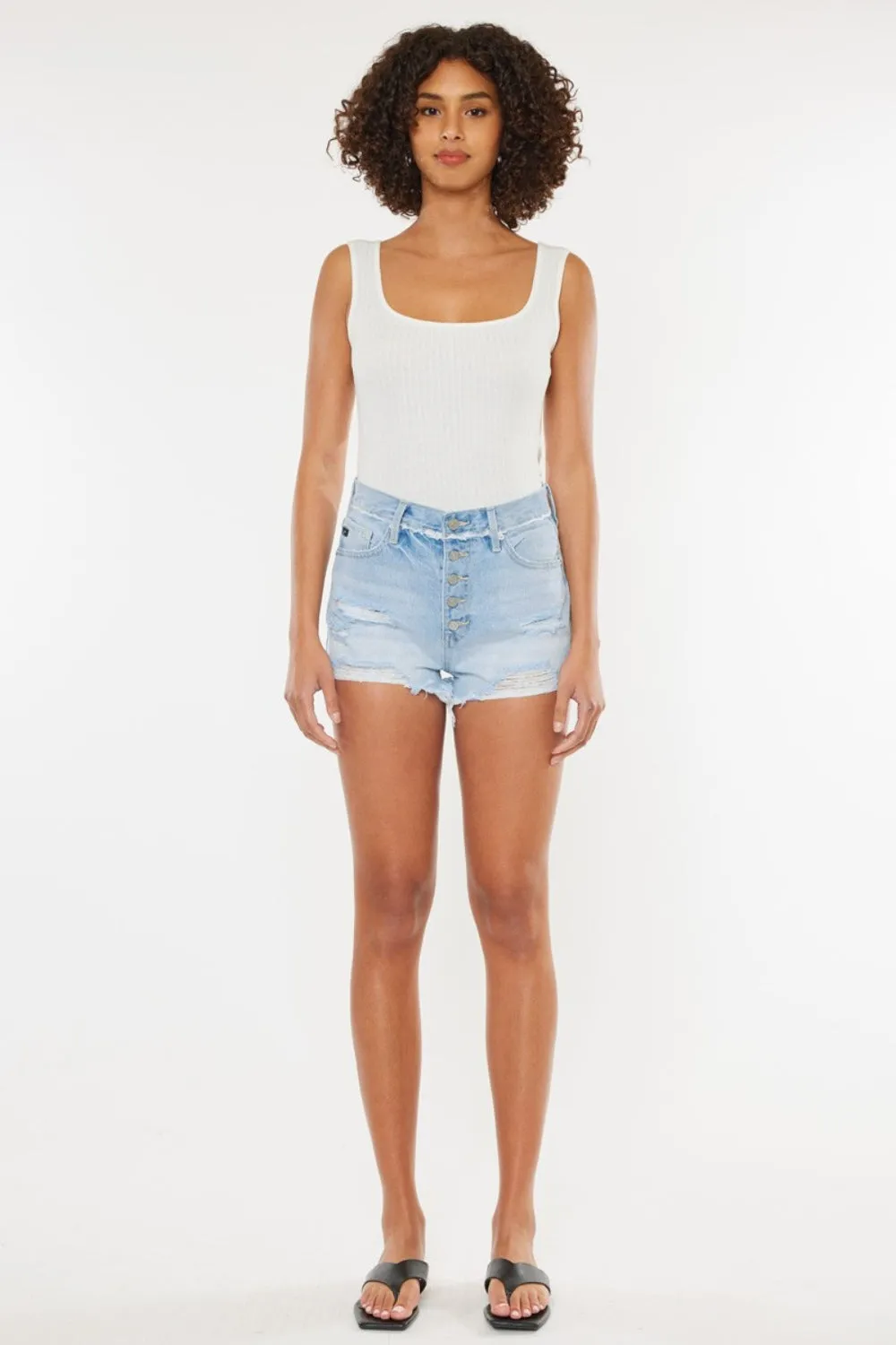 Mid Wash Distressed Button Fly Denim Shorts