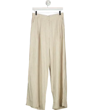 One by Two Beige Pinstriped Linen Wide Leg Trousers UK S