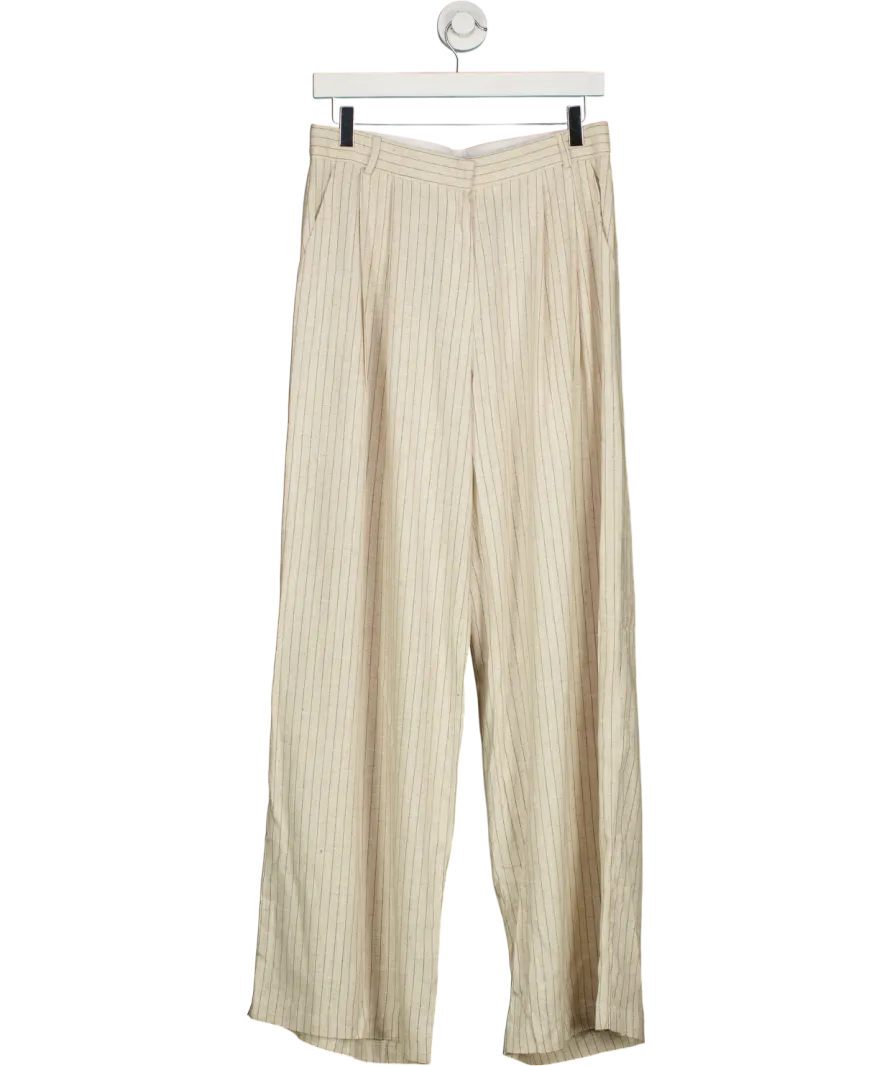 One by Two Beige Pinstriped Linen Wide Leg Trousers UK S